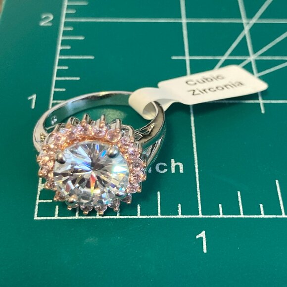 Pink Ice Halo Cocktail Ring Size 8 9 10 Statement Cubic Zirconia Silver Plated - Picture 9 of 10